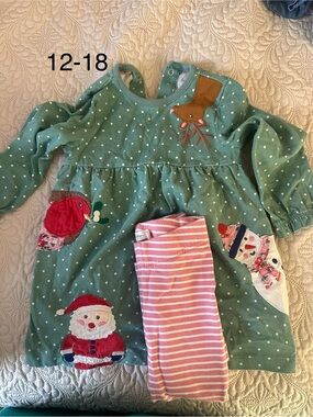 Mini Boden Green Polka Dot Holiday Dress with Pink Striped Leggings mini boden